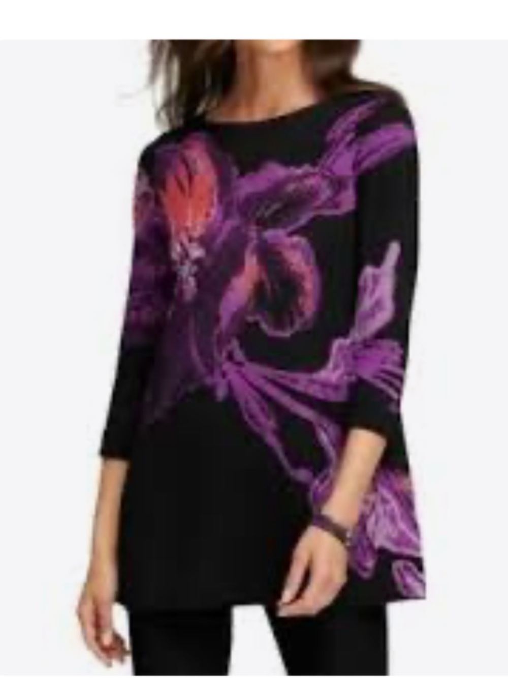 Chico's Black & Purple Floral Jacquard Roll Cuff Tunic Sweater size Large